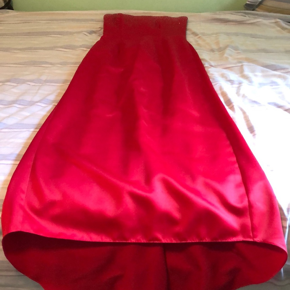 Strapless red prom gown